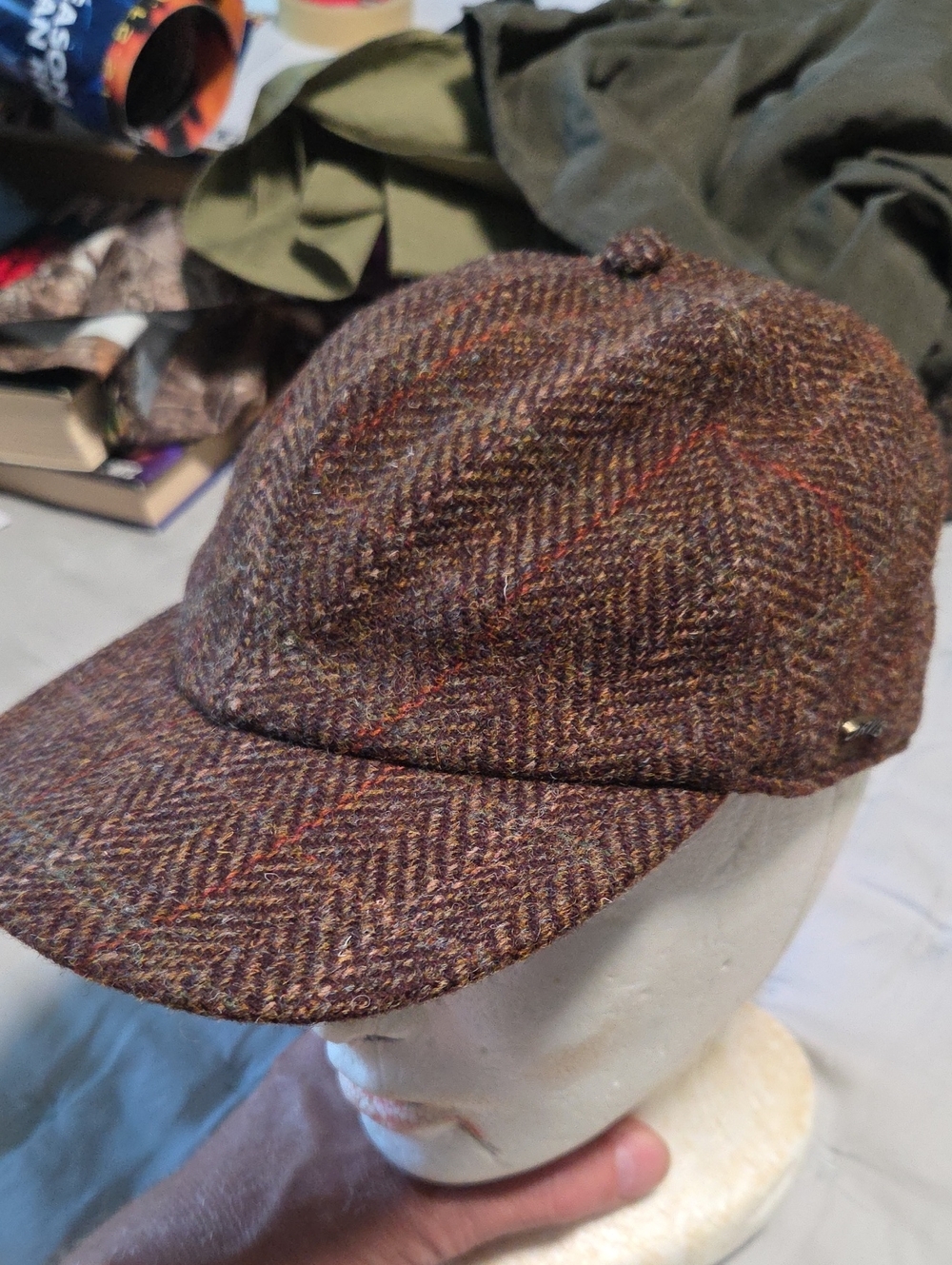 Brown Harris Tweed Newsboy Cap with Subtle Red Windowpane